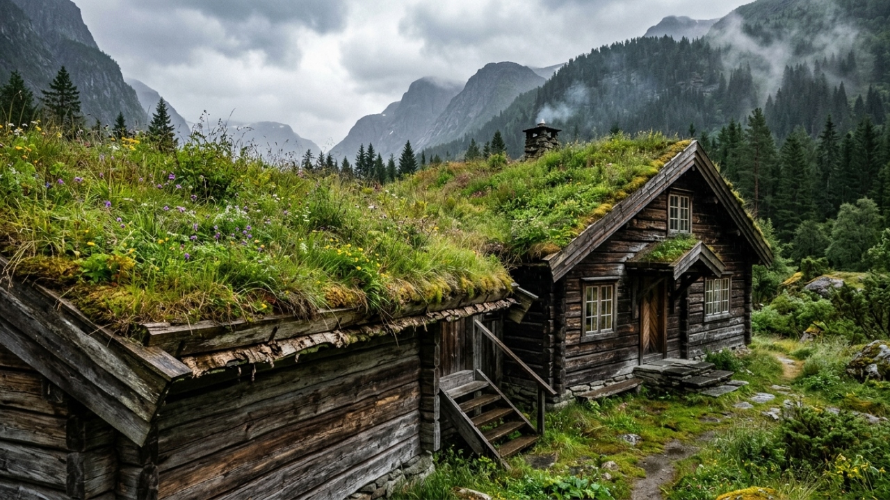 A arquitetura bioclimática comprova que as casas protegidas há 1000 anos com a tradição escandinava de plantar florestas inteiras no telhado não se tornam cavernas infiltradas de água elas desenvolvem silenciosamente algo que as telhas modernas nunca conseguirão oferecer a capacidade biológica de criar uma manta térmica viva que suga o peso das tempestades e anula o congelamento interno sem usar polímeros