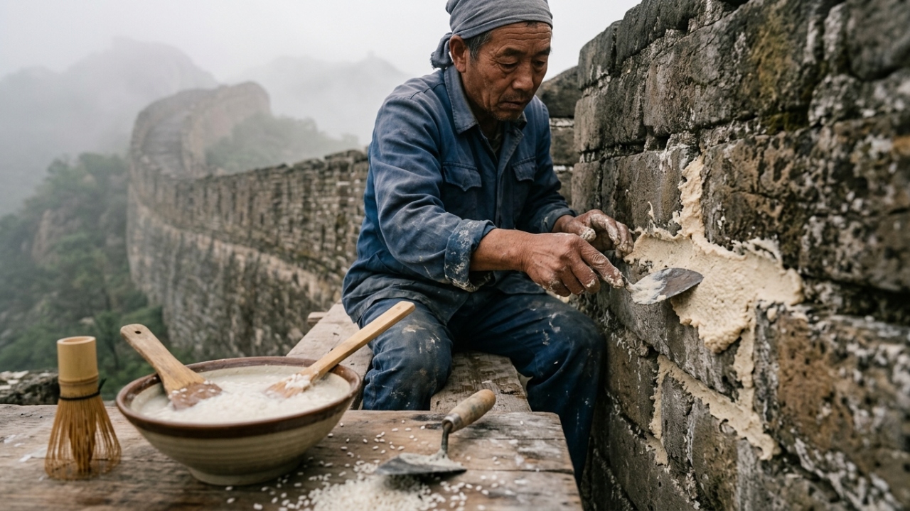 A química dos materiais revela que as muralhas seladas há 1500 anos com a antiga receita chinesa de sopa de arroz pegajoso não se tornam estruturas esfareladas pela chuva elas desenvolvem silenciosamente algo que a maioria dos cimentos industriais nunca conseguirá oferecer a capacidade molecular de fundir os blocos de pedra numa matriz impenetrável capaz de barrar terramotos e raízes de árvores