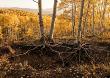 Pando em Utah com raízes interligadas sob álamos dourados