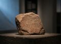 Pedra rúnica Svingerudsteinen aparece iluminada em museu escuro
