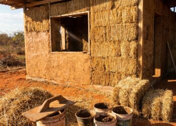 Casa de fardos de palha mostra parede grossa com reboco de barro