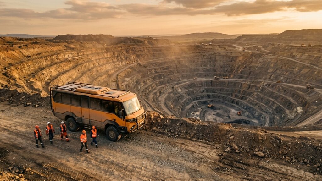 O robusto ônibus off-road blindado com tração 4x4 projetado para cruzar montanhas e áreas de desastre com 35 pessoas
