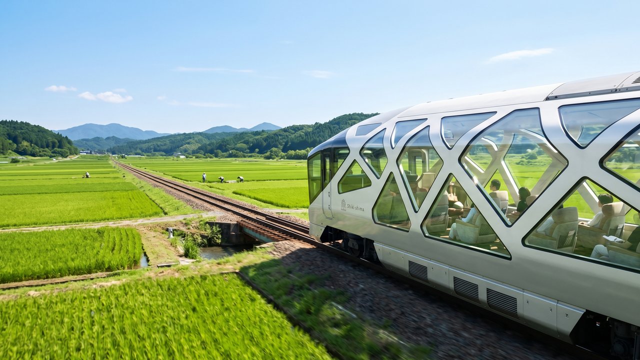 Com design orgânico e janelas panorâmicas que vão do teto ao chão, o luxuoso trem japonês oferece uma viagem futurista pelos trilhos
