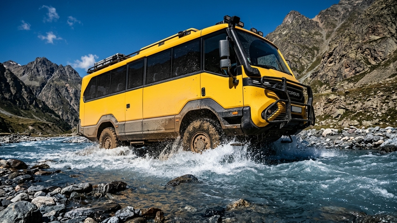O robusto ônibus off-road blindado com tração 4x4 projetado para cruzar montanhas e áreas de desastre com 35 pessoas