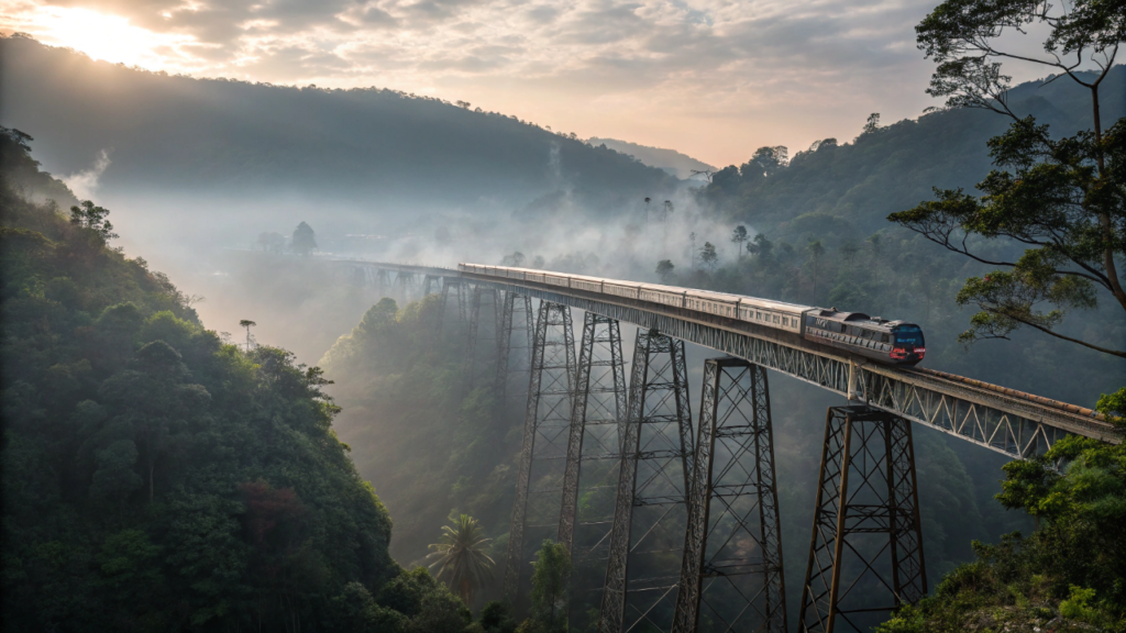 O trem indonésio que serpenteia entre vulcões ativos e viadutos históricos ligando Bandung a Jacarta pela rota mais dramática da Ásia