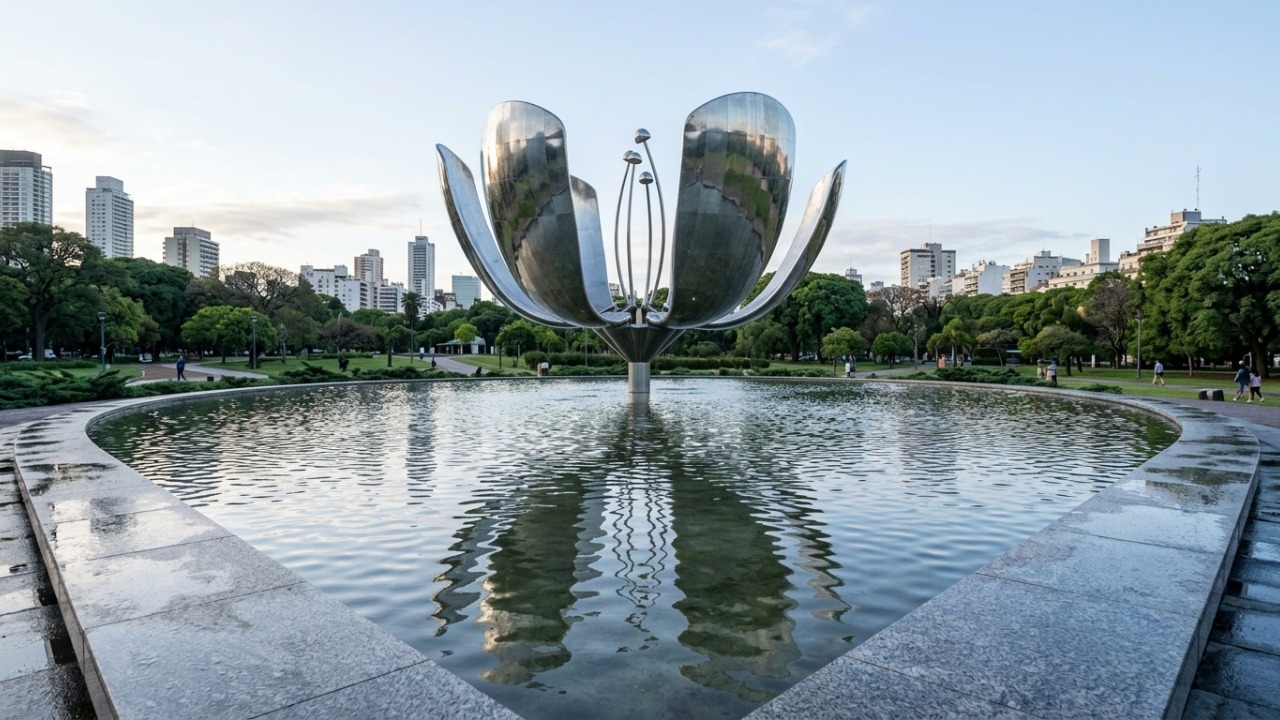 Movimentando pétalas de metal com 23 metros de altura, a escultura segue o sol diariamente em um espetáculo tecnológico