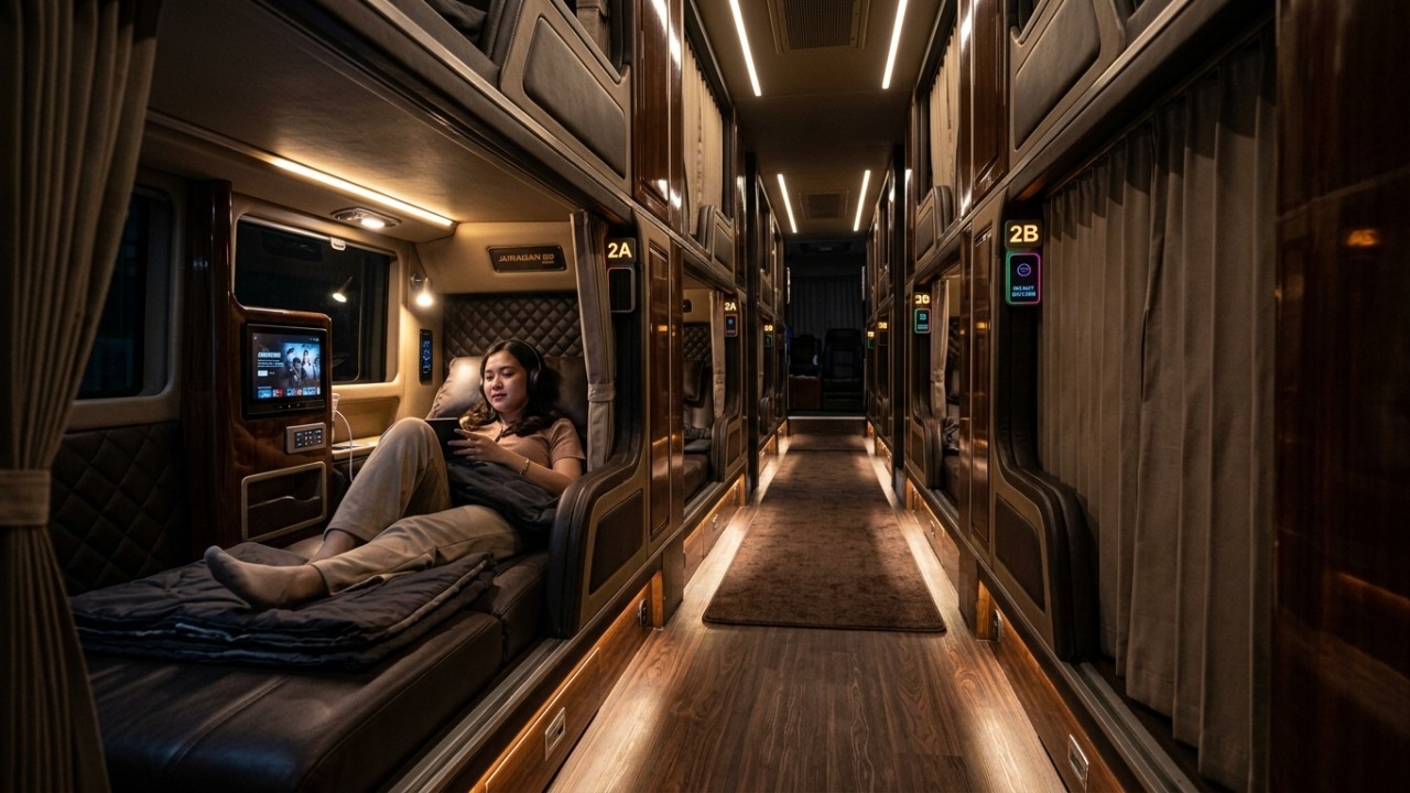 Com poltronas que viram camas e telas individuais, este ônibus na Indonésia transforma a viagem em uma sala de estar sobre rodas