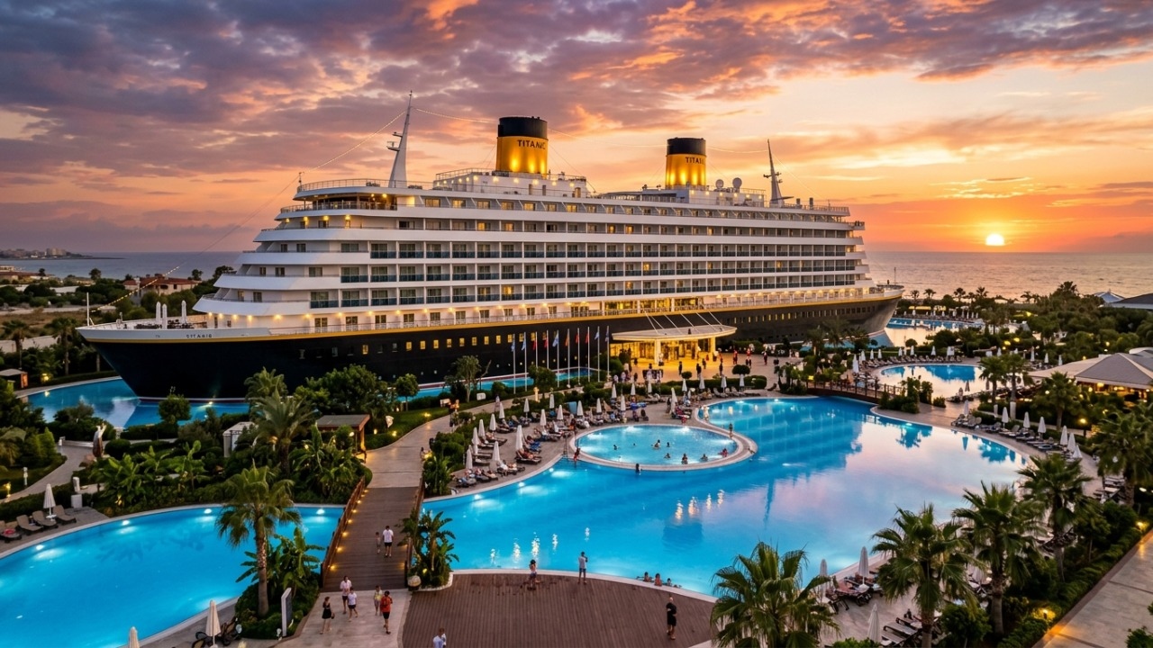 Com 586 quartos e uma arquitetura que replica o lendário navio, o resort na Turquia virou o destino mais icônico e temático de toda a Riviera Turca