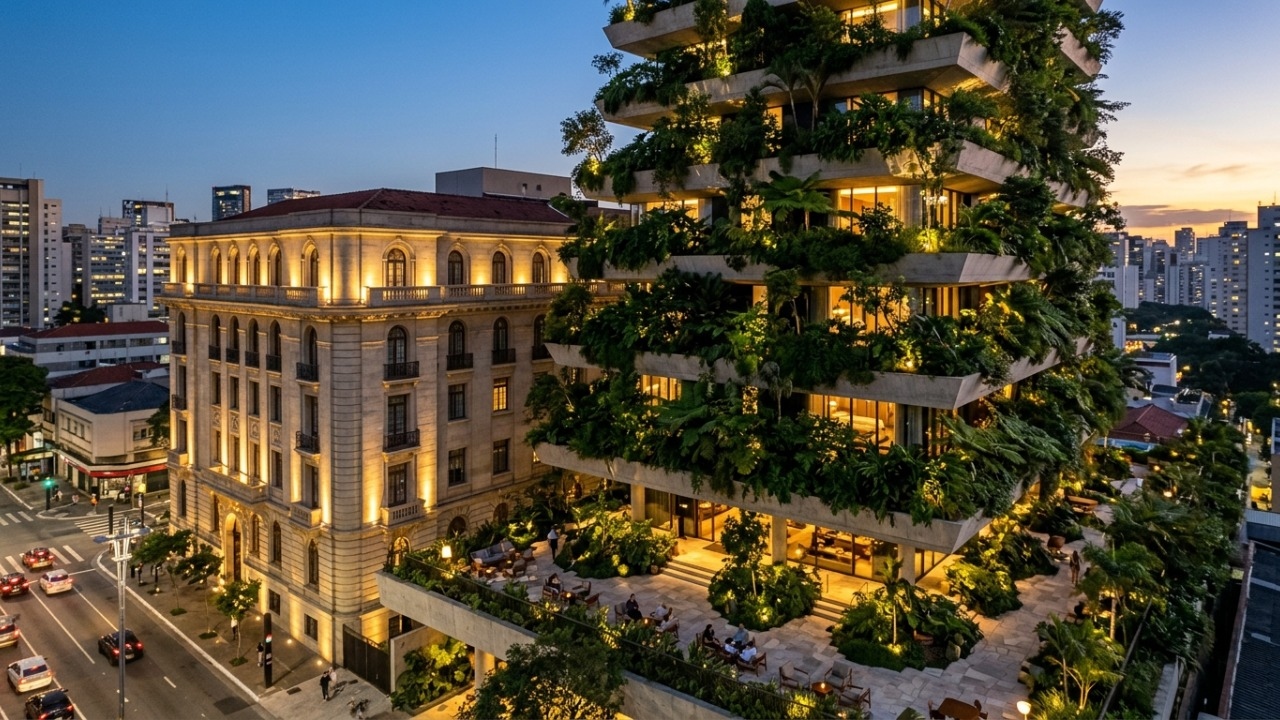 Com uma torre ajardinada e 160 quartos integrados a um prédio de 1904, o hotel virou o maior exemplo de arquitetura sustentável e luxo de São Paulo