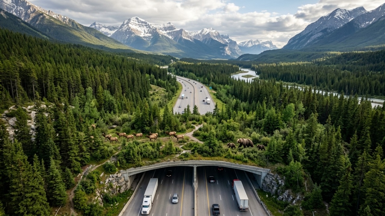 Arcos de aço, solo nativo e vegetação densa formam a ponte florestada canadense focada em guiar ursos e zerar acidentes de trânsito