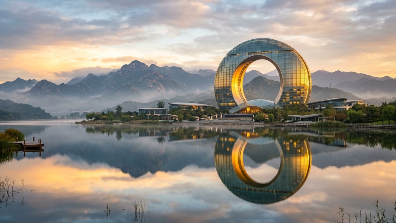Com suítes que superam US$ 5 mil por noite, a estrutura circular de 97 metros de altura redefine o luxo às margens do lago Yanqi na China