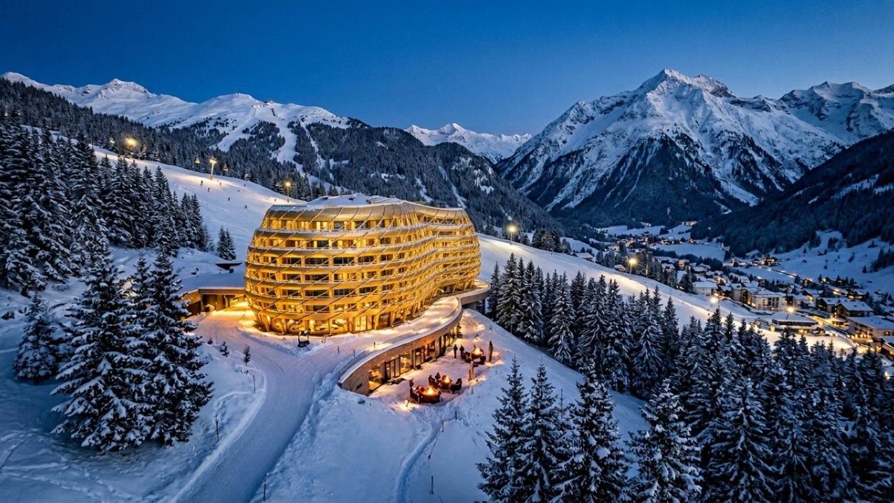 Com suítes que superam 10 mil francos durante o Fórum Econômico, o hotel oval de 216 quartos é um ícone de luxo nos Alpes Suíços