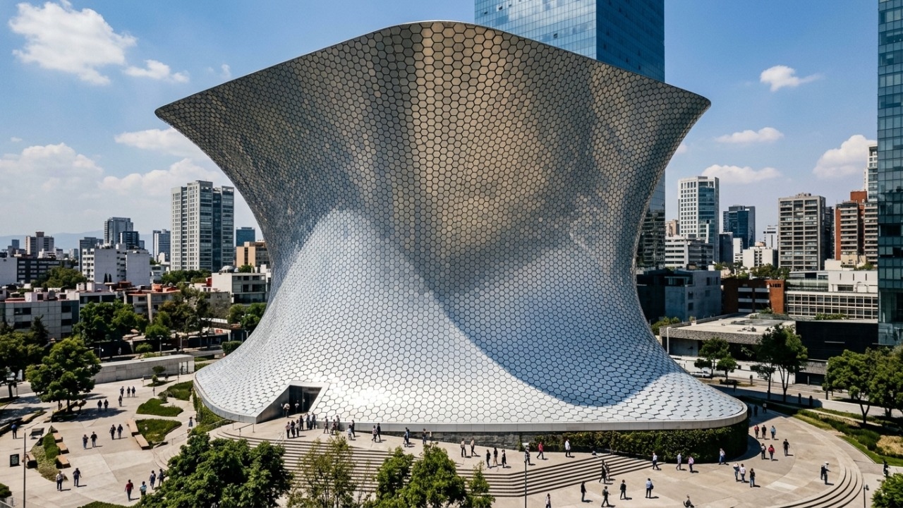 A brilhante estrutura revestida por 16 mil placas hexagonais de alumínio que abriga milhares de obras de arte na Cidade do México