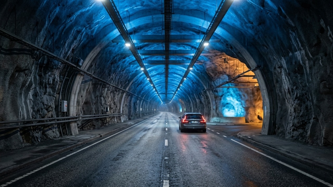 Consumindo 120 milhões de dólares em obras, a passagem norueguesa de 24,5 km usa luzes azuis para imitar o dia e manter os motoristas acordados