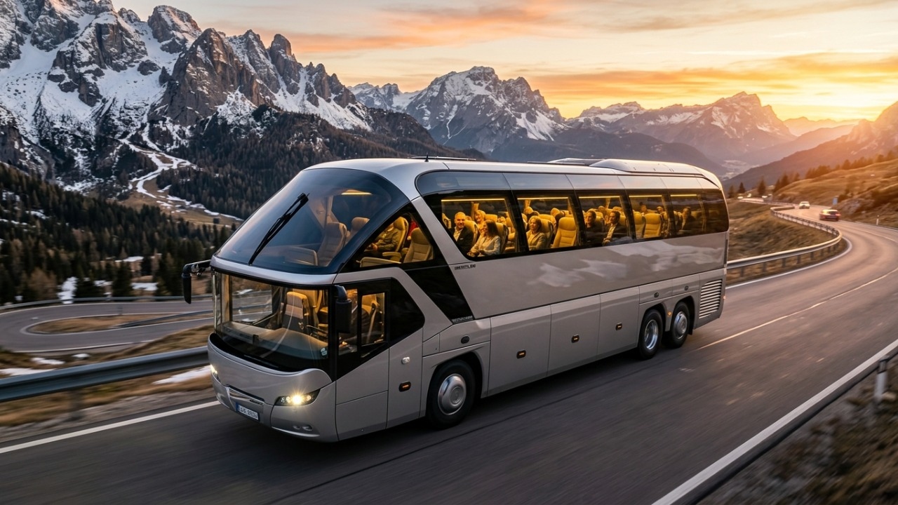 O aerodinâmico ônibus de 13 metros com teto panorâmico de vidro que redefiniu o transporte de passageiros em rotas turísticas pela Europa