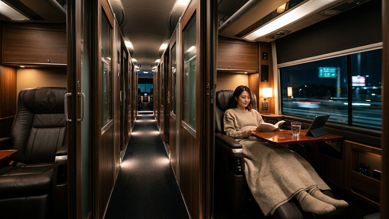 O inovador ônibus de apenas 12 poltronas que utiliza cabines individuais de primeira classe e tecnologia acústica para viagens de longa distância