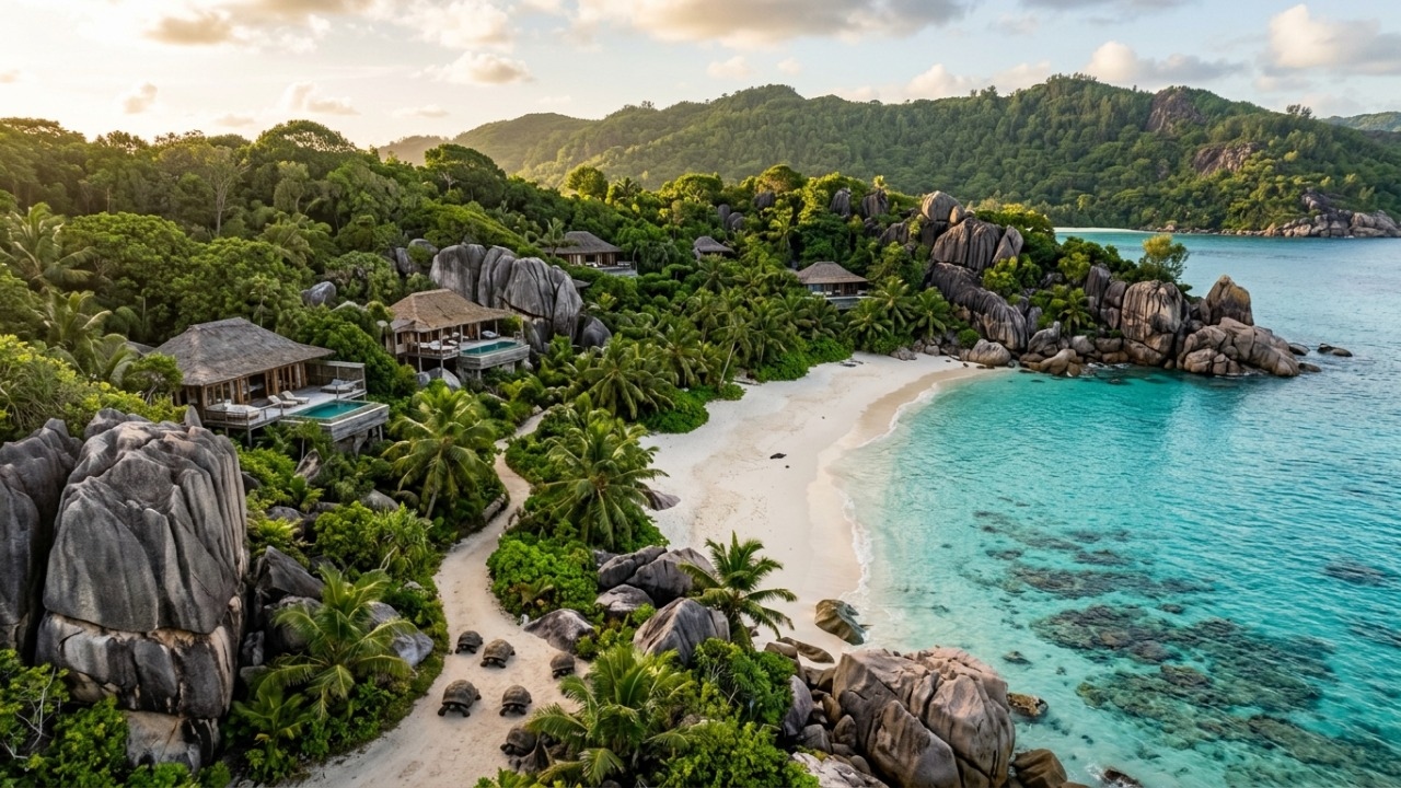 O exclusivo refúgio tropical com apenas 11 vilas privativas integradas a rochas gigantes de granito e praias preservadas
