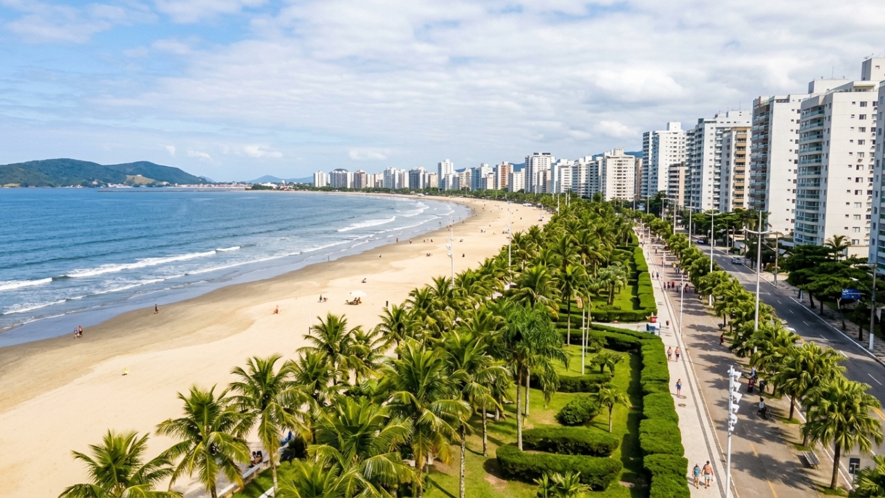 5,3 km de orla verde recordista: o maior jardim de praia do mundo fica no litoral paulista