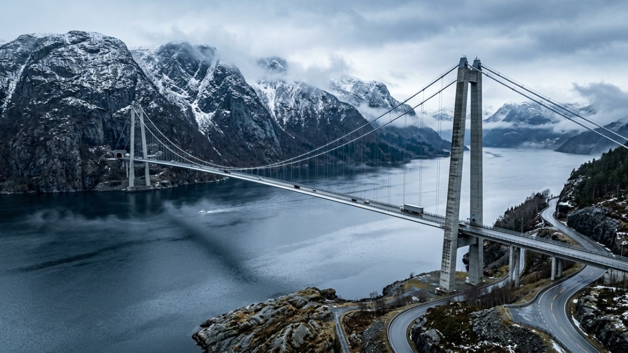Com 170 metros de altura, a ponte que atravessa um fiorde na Noruega parece flutuar entre montanhas e desafia ventos extremos