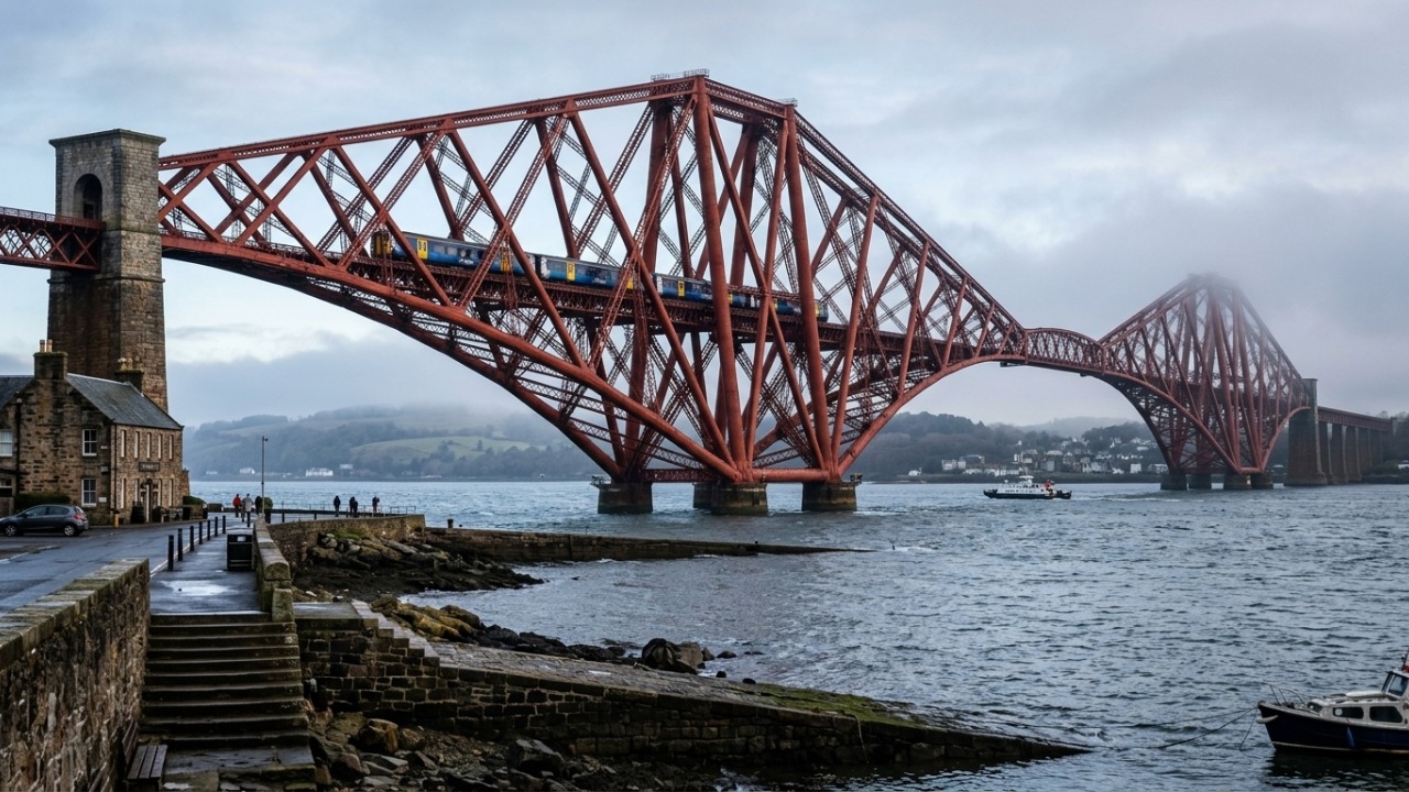 A colossal ferrovia cantilever de aço vermelho com 2.467 metros de extensão que foi concluída em 1890, sendo o maior marco histórico da Escócia