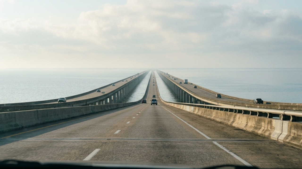 A monumental estrutura rodoviária de 38,4 km de extensão contínua que cruza as águas do lago e entrou para o Guinness como a maior ponte sobre a água contínua do planeta