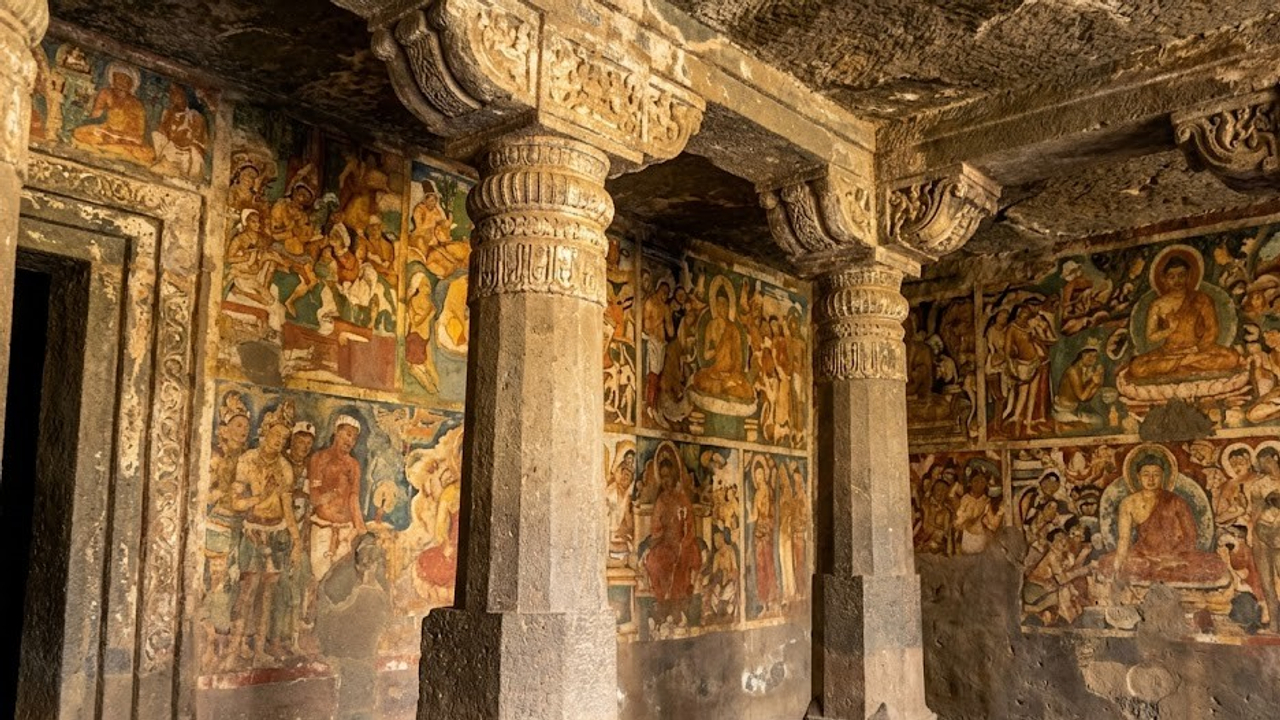 O monumental complexo de 30 cavernas budistas escavadas na rocha a partir do século II a.C. que abriga pinturas e esculturas históricas na Índia