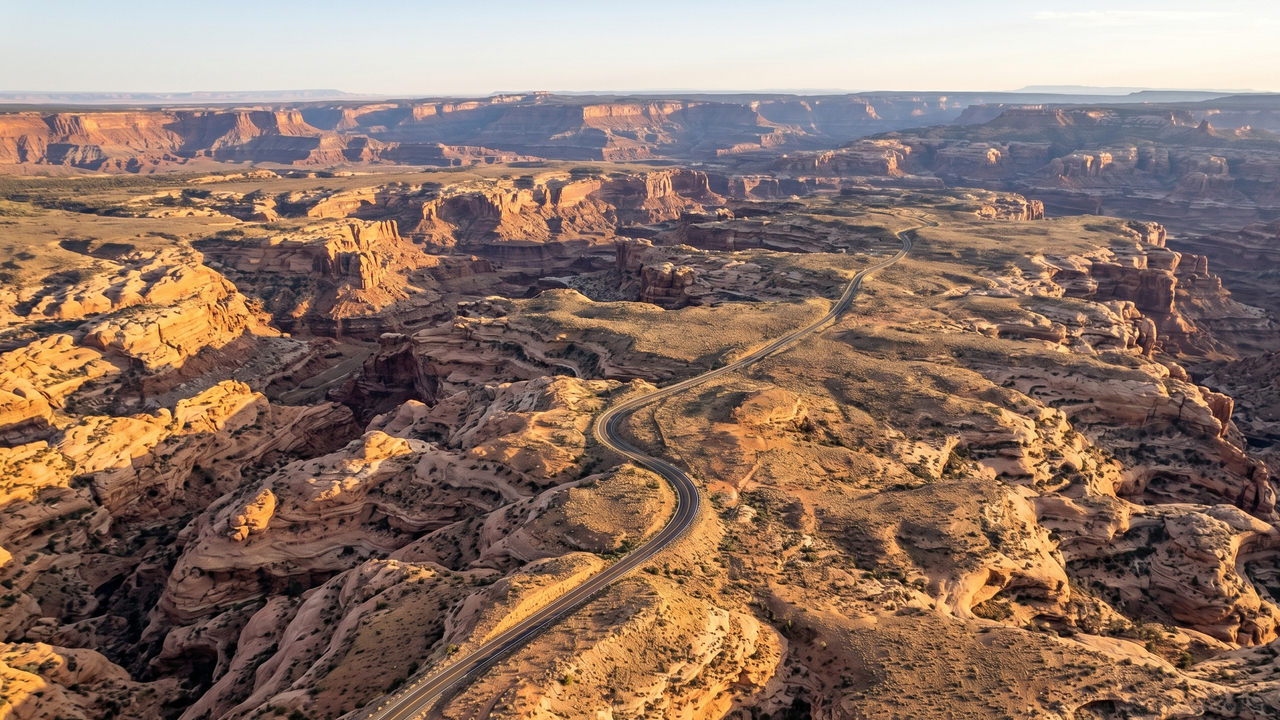 A rodovia em Utah percorre 198 km cruzando desfiladeiros de rocha vermelha; subindo a 2.937m de altitude, a rota é um marco cênico do deserto