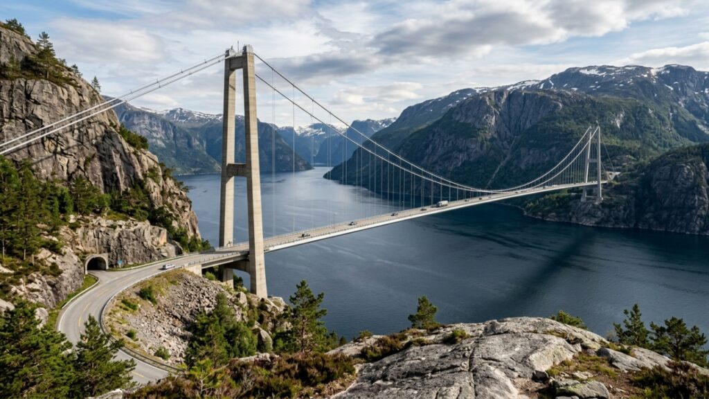 Com 170 metros de altura, a ponte que atravessa um fiorde na Noruega parece flutuar entre montanhas e desafia ventos extremos