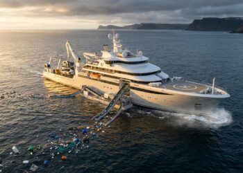 Navio científico de luxo recolhe plástico no mar sob luz dourada
