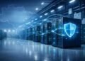 Ilustração conceitual de cibersegurança em data centers: corredores de servidores iluminados em azul, conectados por linhas de dados digitais, sobrepostos a um contorno discreto do mapa do Brasil e a um ícone de escudo, sugerindo proteção de dados, infraestrutura redundante e o papel do país como polo de data centers na economia digital. As figuras são genéricas, sem pessoas ou marcas identificáveis. Restrição: usar apenas como imagem ilustrativa conceitual, não documental, sem sugerir que represente um data center ou evento específico real.