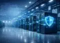 Ilustração conceitual de cibersegurança em data centers: corredores de servidores iluminados em azul, conectados por linhas de dados digitais, sobrepostos a um contorno discreto do mapa do Brasil e a um ícone de escudo, sugerindo proteção de dados, infraestrutura redundante e o papel do país como polo de data centers na economia digital. As figuras são genéricas, sem pessoas ou marcas identificáveis. Restrição: usar apenas como imagem ilustrativa conceitual, não documental, sem sugerir que represente um data center ou evento específico real.