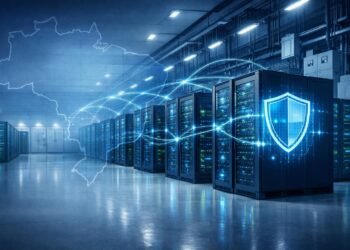 Ilustração conceitual de cibersegurança em data centers: corredores de servidores iluminados em azul, conectados por linhas de dados digitais, sobrepostos a um contorno discreto do mapa do Brasil e a um ícone de escudo, sugerindo proteção de dados, infraestrutura redundante e o papel do país como polo de data centers na economia digital. As figuras são genéricas, sem pessoas ou marcas identificáveis. Restrição: usar apenas como imagem ilustrativa conceitual, não documental, sem sugerir que represente um data center ou evento específico real.