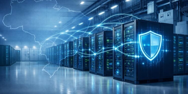 Ilustração conceitual de cibersegurança em data centers: corredores de servidores iluminados em azul, conectados por linhas de dados digitais, sobrepostos a um contorno discreto do mapa do Brasil e a um ícone de escudo, sugerindo proteção de dados, infraestrutura redundante e o papel do país como polo de data centers na economia digital. As figuras são genéricas, sem pessoas ou marcas identificáveis. Restrição: usar apenas como imagem ilustrativa conceitual, não documental, sem sugerir que represente um data center ou evento específico real.