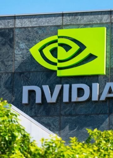 Sede da NVIDIA. Prédio com a logo do NVIDIA em primeiro plano.
