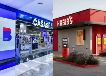 À esquerda, fachada de uma das lojas da Casas Bahia. À direita fachada de uma das unidades do Habib's.
