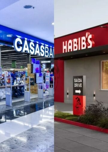 À esquerda, fachada de uma das lojas da Casas Bahia. À direita fachada de uma das unidades do Habib's.