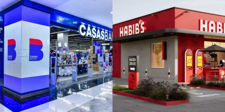 À esquerda, fachada de uma das lojas da Casas Bahia. À direita fachada de uma das unidades do Habib's.