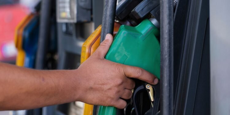 Mão segurando a bomba de gasolina na cor verde em um posto de combustível.