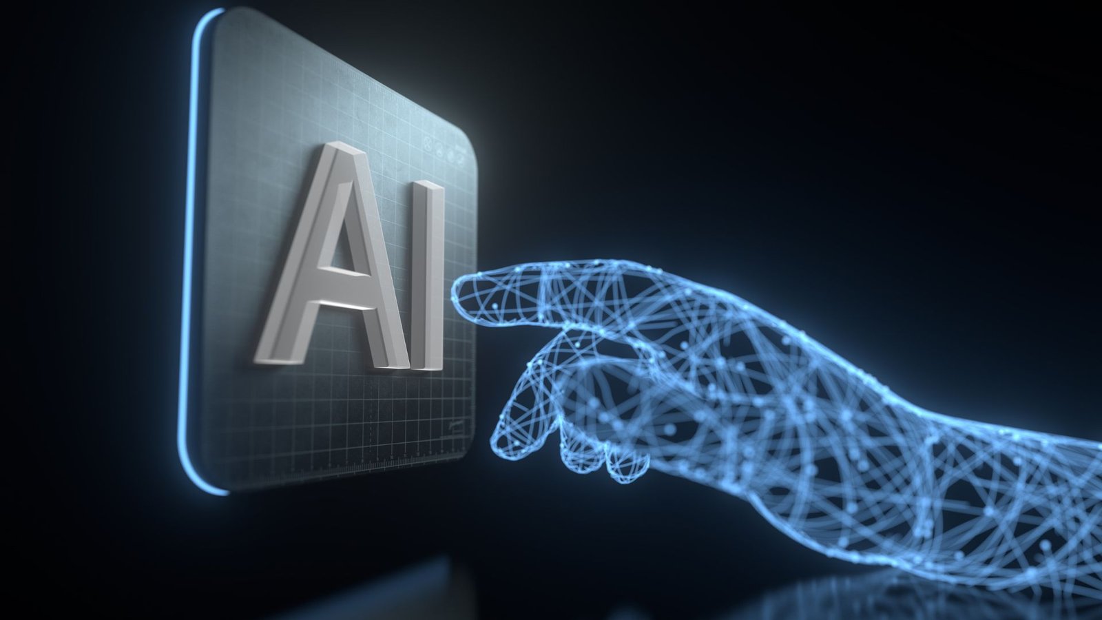 Ilustração de uma mão digital interagindo com uma interface que representa inteligência artificial.