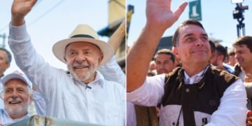 Montagem de Lula e Flávio Bolsonaro, lado a lado.