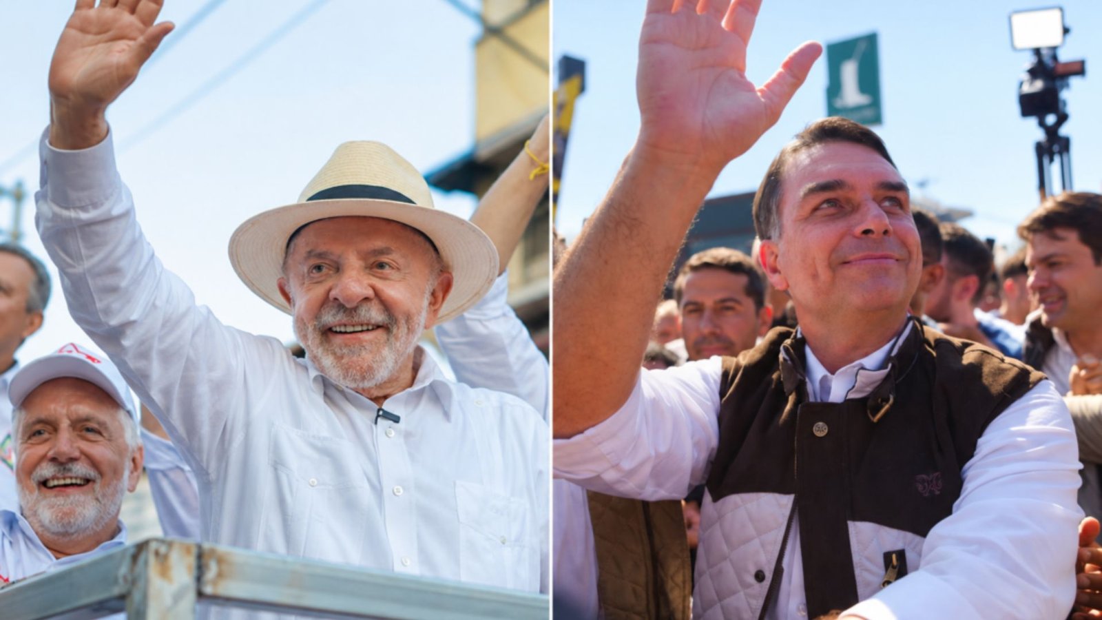 Montagem de Lula e Flávio Bolsonaro, lado a lado.