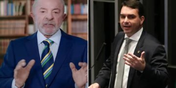 Montagem de Lula e Flávio Bolsonaro, lado a lado.