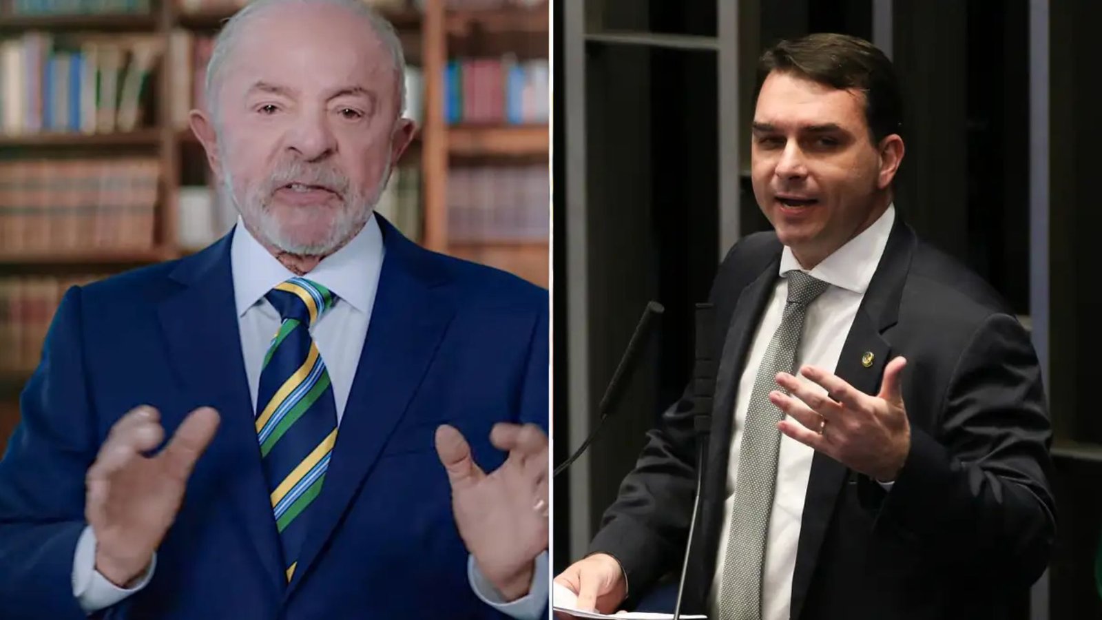 Montagem de Lula e Flávio Bolsonaro, lado a lado.
