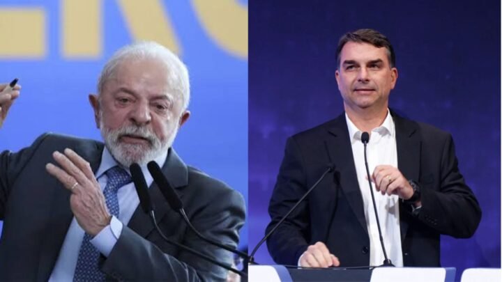 Lula e Flávio Bolsonaro lado a lado em montagem.