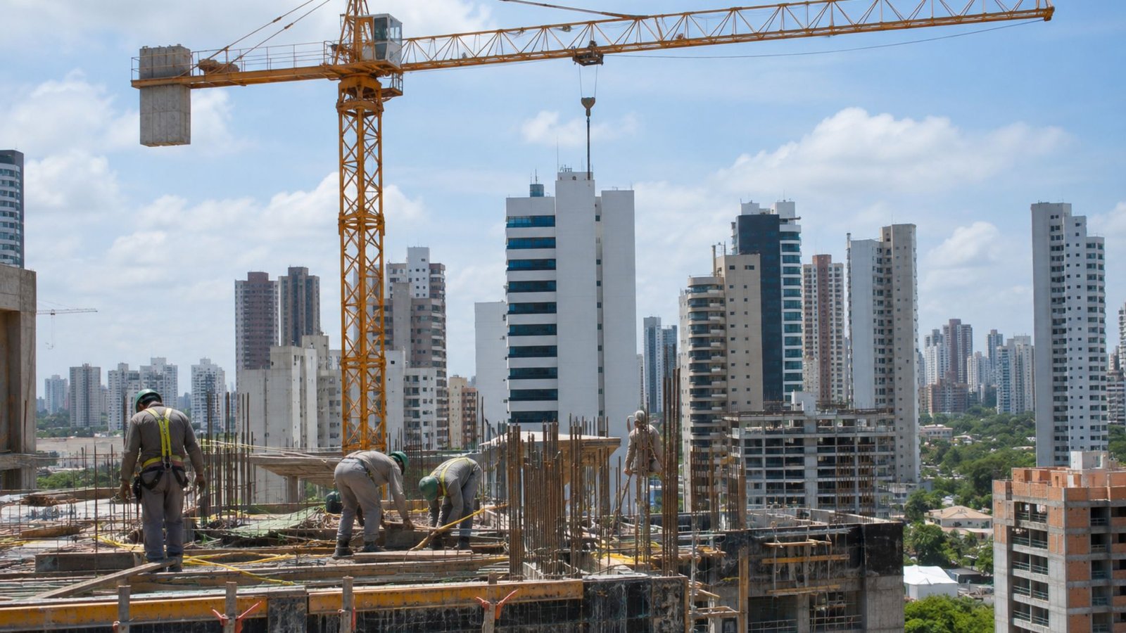 Canteiro de obras em área urbana reúne trabalhadores, estruturas de concreto e equipamentos pesados em meio ao avanço da construção civil.