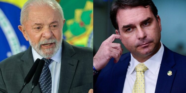 À esquerda o presidente Lula, à direita o candidato Flávio Bolsonaro.