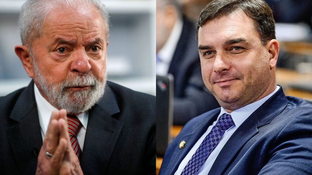 Lula à esquerda e Flávio Bolsonaro à direita.