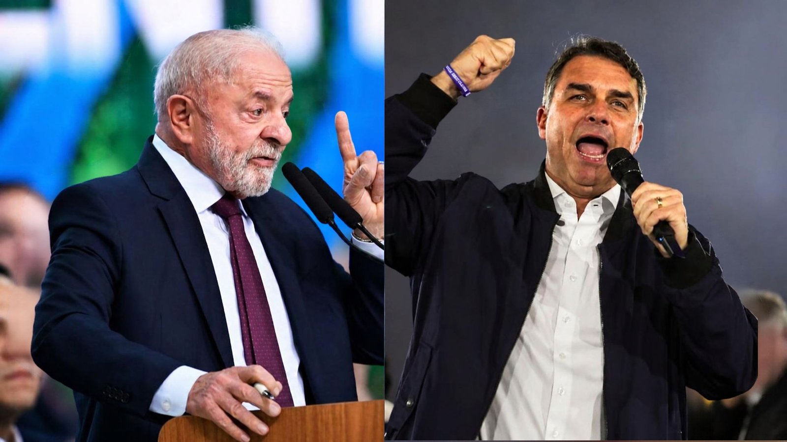 Lula à esquerda e Flávio à direita, ambos em discurso político