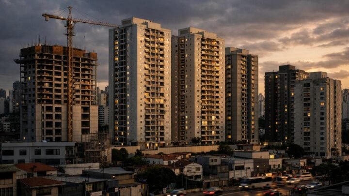 Vista externa de prédios residenciais altos na cidade, com guindaste