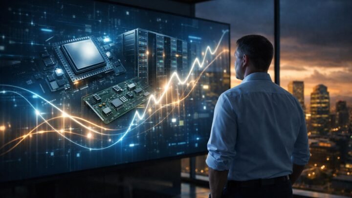 Gráfico de ações em alta em um painel digital, com